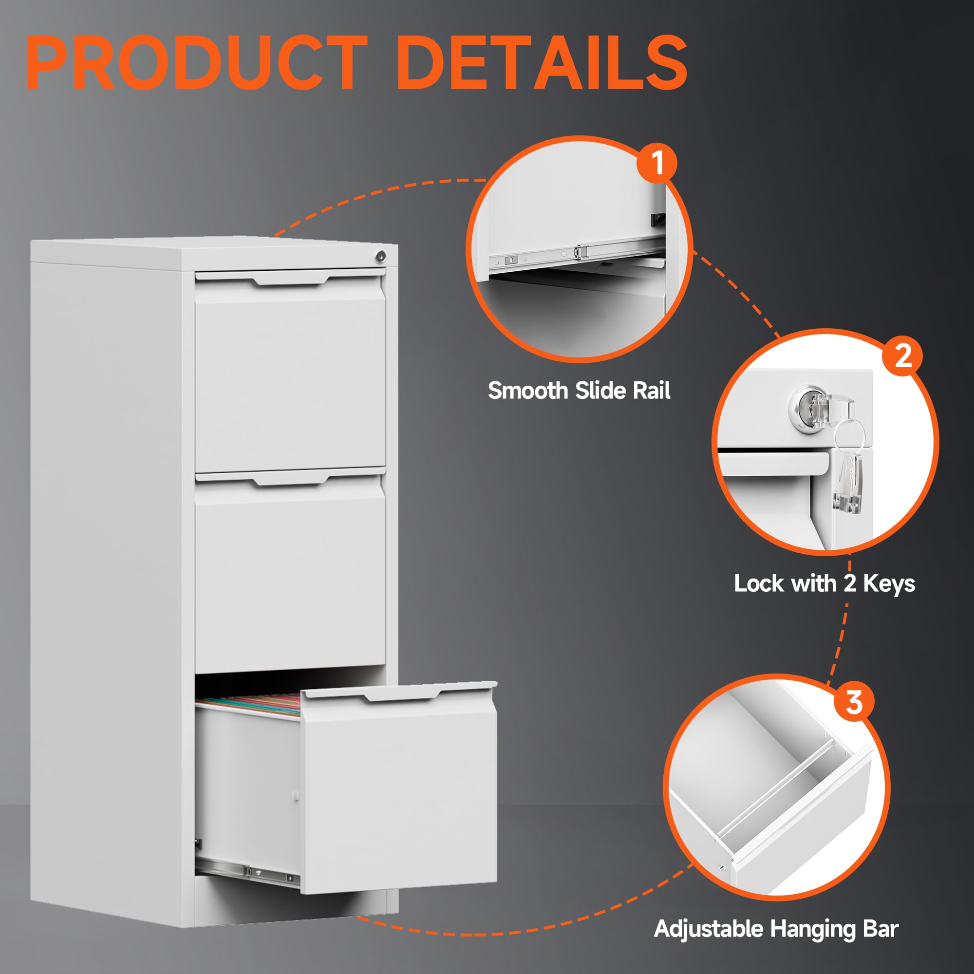 3 Drawer File Cabinet, 17.8" D Metal Filing Cabinets with Lock, Vertical Filing Cabinet for Home Office, Steel File Cabinet for Letter/Legal/A4/F4 Size, Requires installation (White)