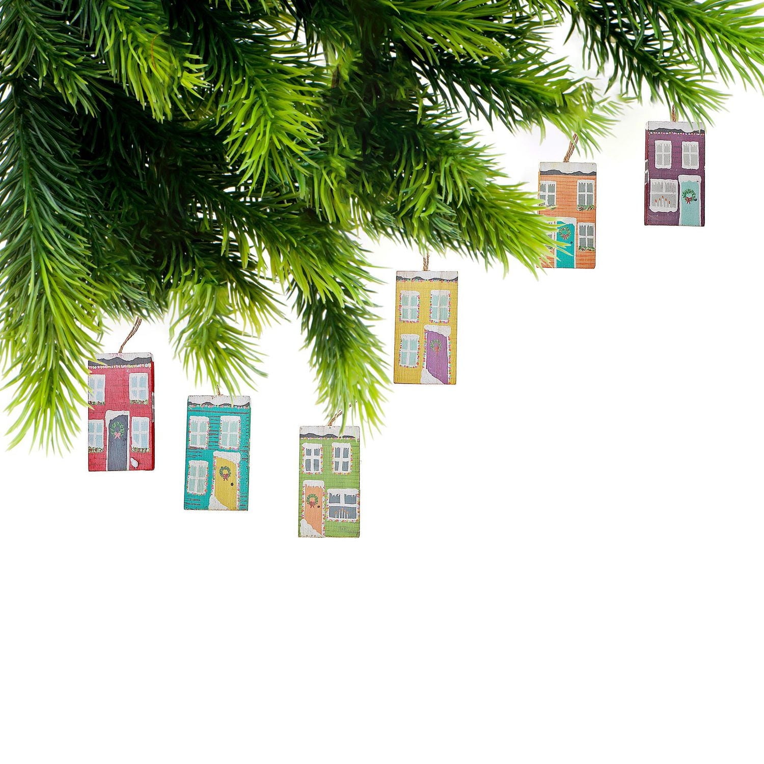 Wooden Rowhouse Xmas Decor Ornament - Set of 12