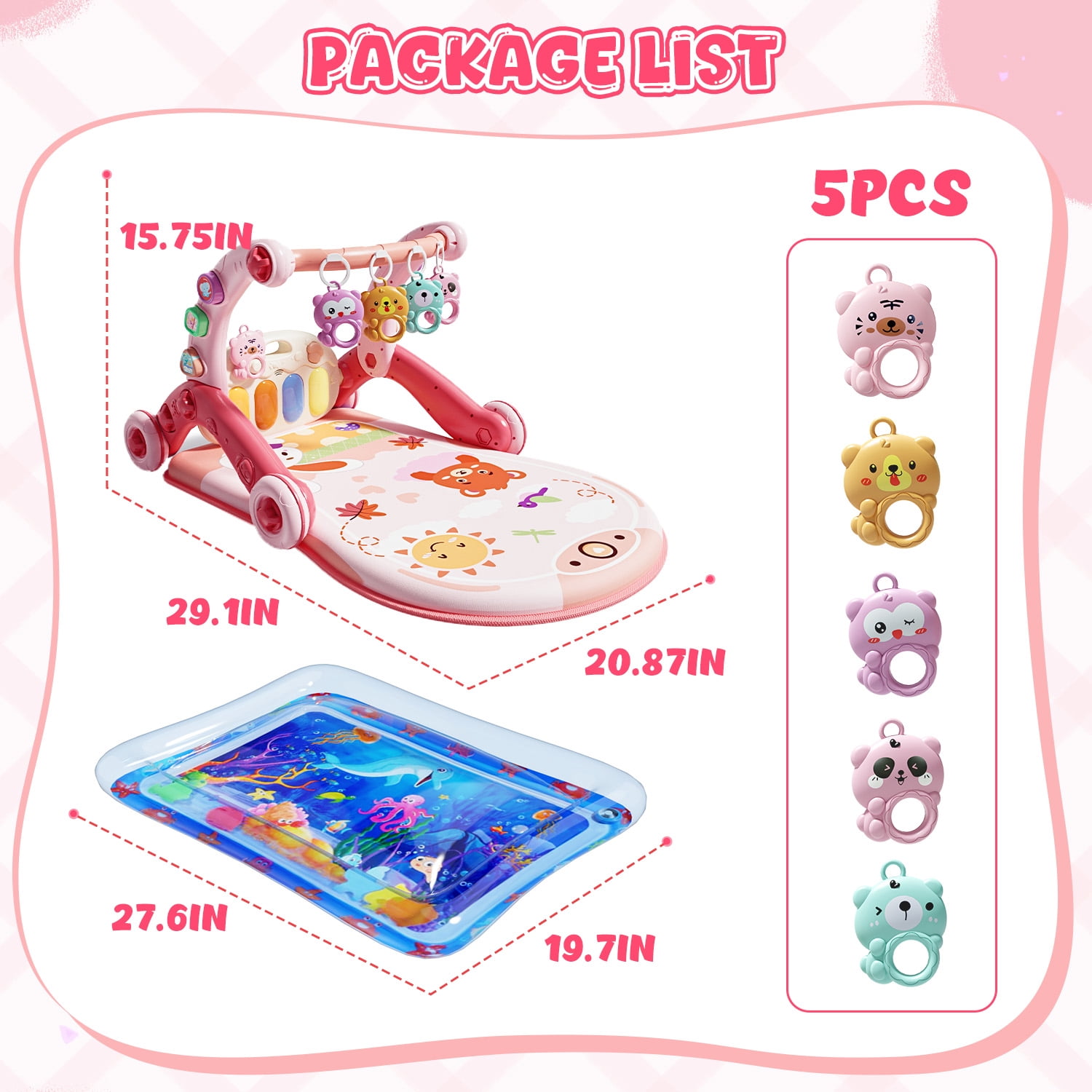 WonderStone 6-in-1 Baby Gym Play Mat, Activity Center Walker with Water Mat, 5 Infant Toys & Portable Musical Piano Panel for Babies 0–12 Months, Pink
