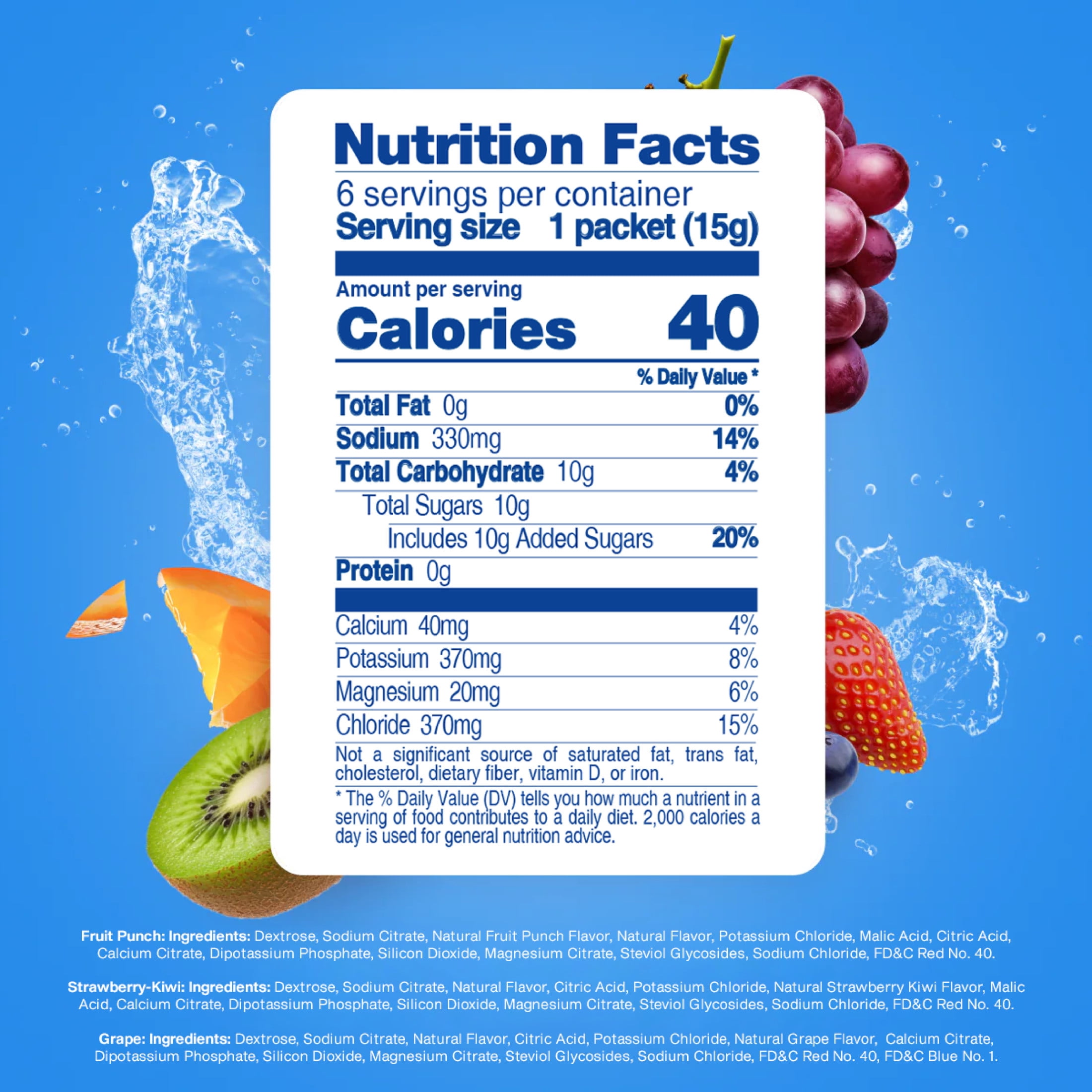 Electrolit Powder Drink Mix, 2-Fruit Punch, 2-Strawberry-Kiwi, 2-Grape, 1 Box of 6 Packets