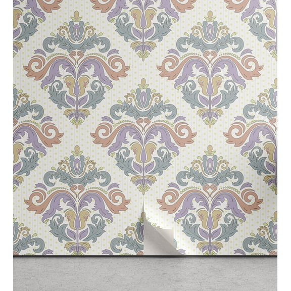 Ambesonne Floral Peel & Stick Wallpaper for Home, Pastel Modernized Damask, 13"x72", Cream Pale Salmon