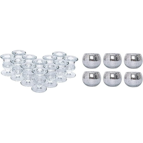 Hosley Set of 12 Glass Taper Candle Holders & Set of 6 Silver Crackle Glass Tea Light Holders