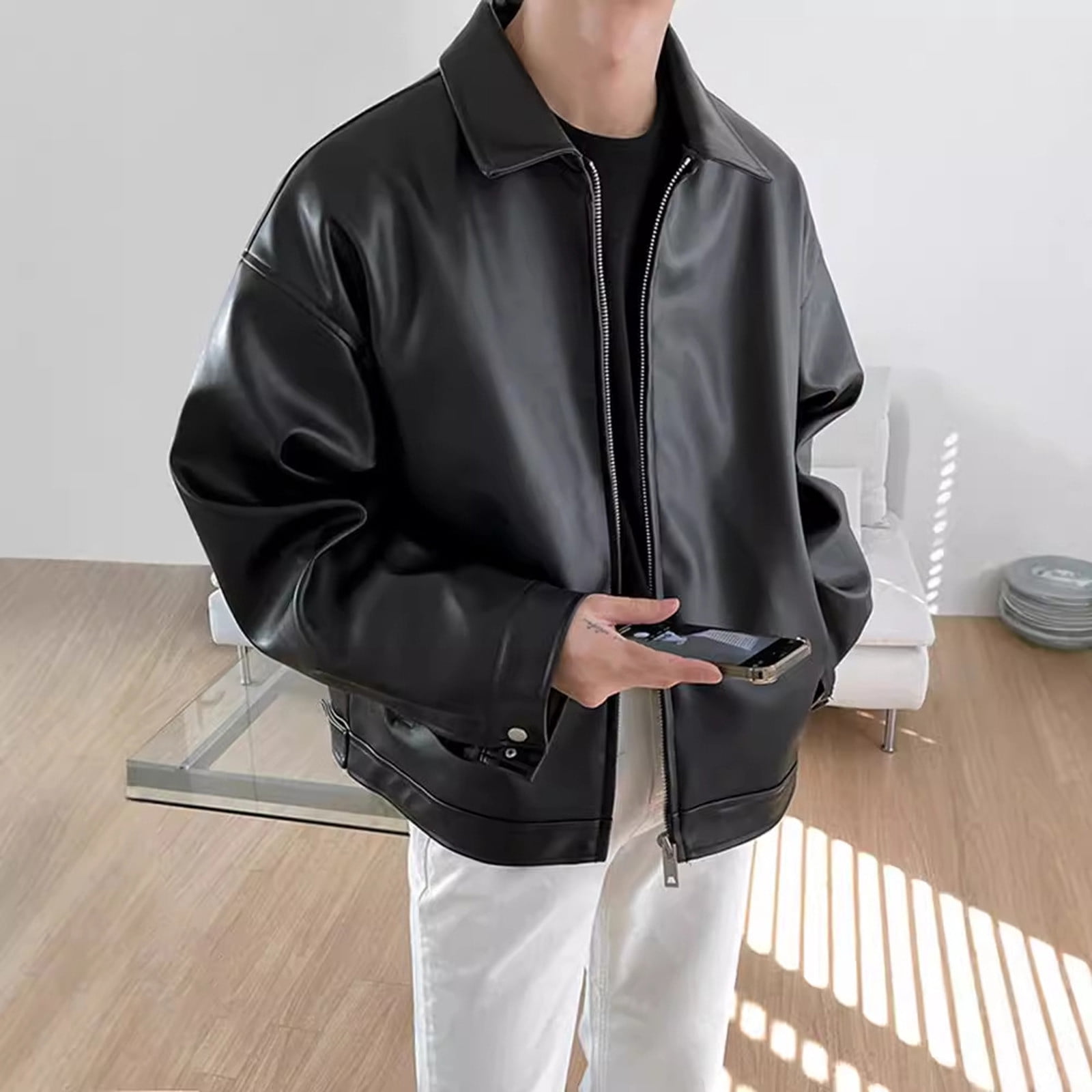 Faux Leather Jacket for Men Long Sleeve No Hood Lapel Full Zip Coat Motorcycle Vintage Casual Lightweight Outwear Pockets (XXL, Black)