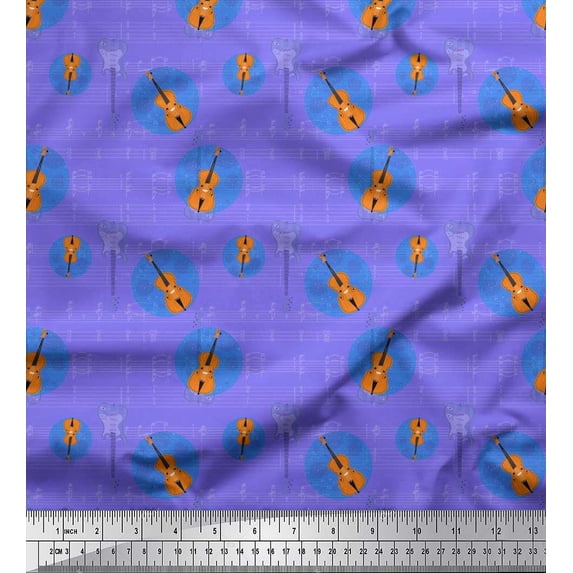Soimoi Japan Crepe Satin Fabric Notes & Guitar Musical Instrument Print Fabric by the Yard 42 Inch Wide