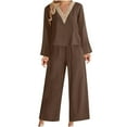 thumbnail image 2 of LEKWK Linen Sets for Women 2 Piece Long Sleeve V Neck Loose Fit Tops and High Waisted Wide Leg Pants Summer Fashion Beach Casual Resort Outfits, 2 of 6