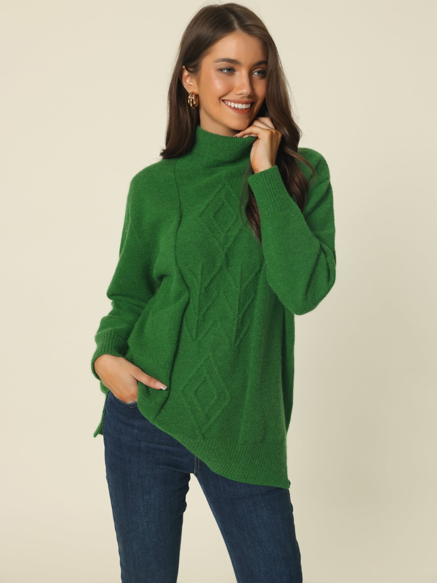 Unique Bargains Women's Turtleneck Long Sleeve Spilt Hem Tunic Pullover Sweater M Green