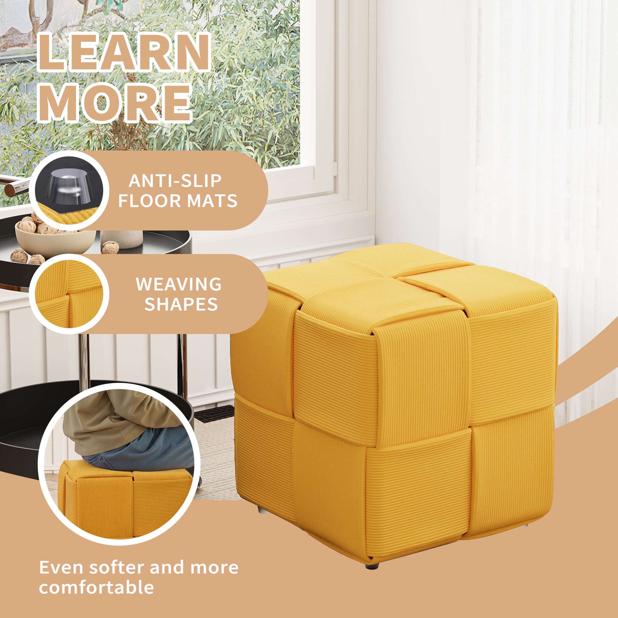 Corduroy Ottoman Foot Rest, Square Upholstered Stool with High-Density Foam and Wood Frame, 300 Lbs Capacity, Multi-Purpose Footstool for Living Room Bedroom Nursery, Yellow