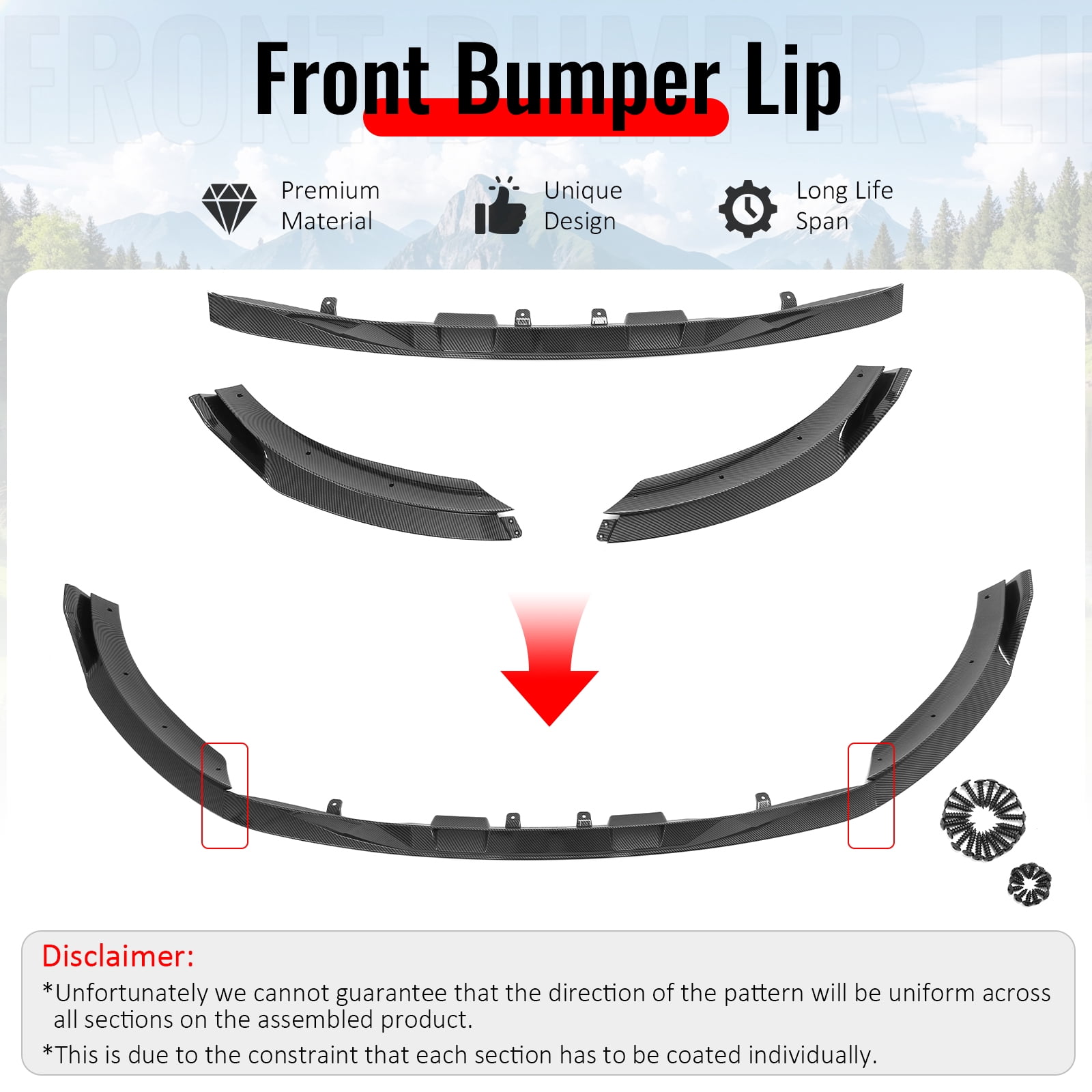 Ikon Motorsports Front Bumper Lip, Compatible with 2025-2026 Tesla Model Y (New Model Y, Code Juniper), IKON V2 Style Carbon Fiber Print ABS Air Dam Chin Spoiler Protector Splitter 3PC