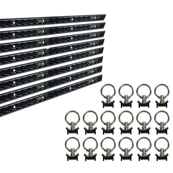 Heavy Duty Aluminum 2 Feet L-Track Black Powder Coated (8) and Stud with Black Powder coated Ring (16) Tie Down System for Enclosed Trailers and Cargo Vans