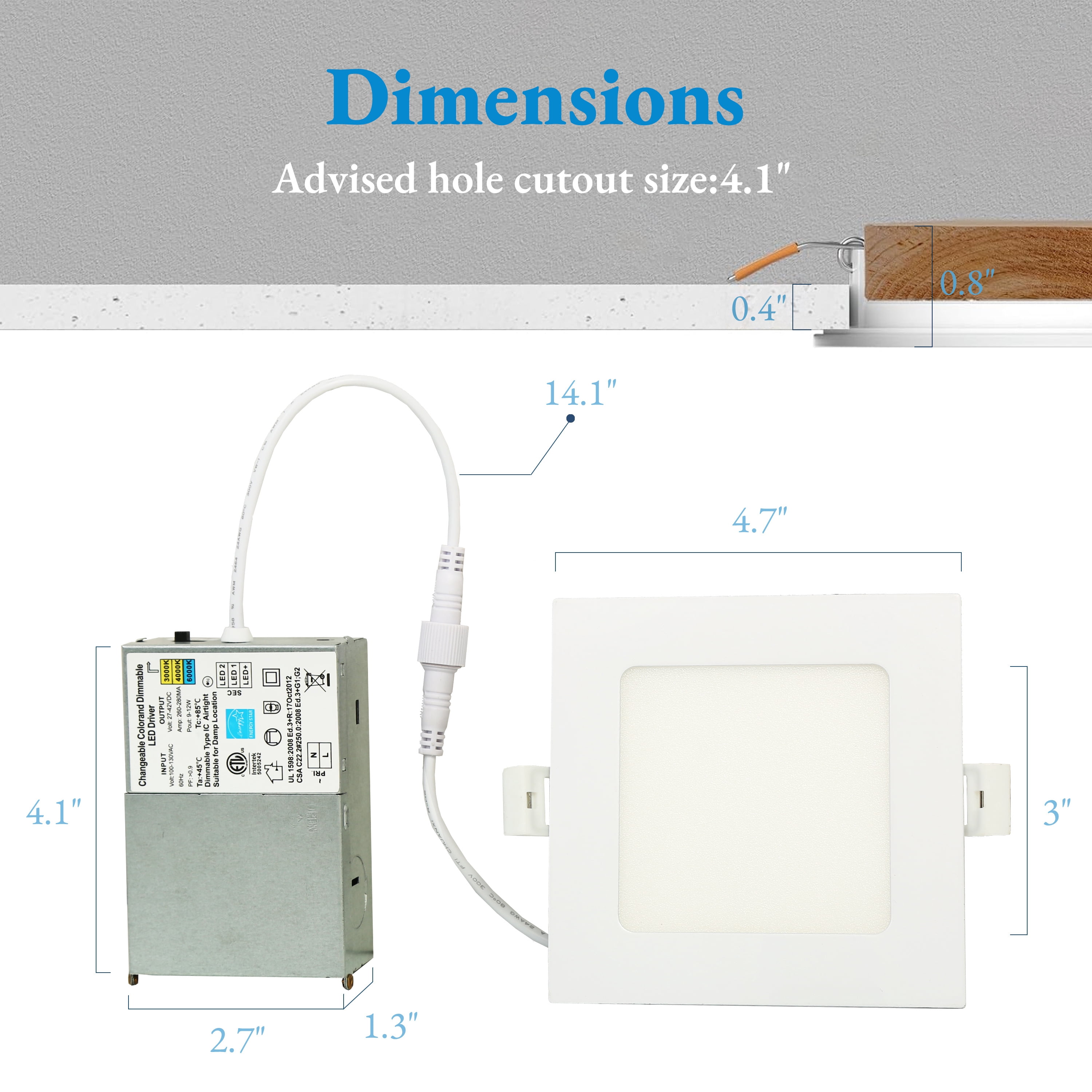 LNC 4 Inch Square LED Recessed Light,9W,3CCT,850LM,Dimmable,Canless,Energy Star,ETL Listed,for Kitchen,Living Room,Bedroom
