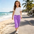 thumbnail image 4 of Twczz Girls Cotton Linen Capris with Pockets- Casual Elastic Waist Straight Leg Quick Dry Kids Beach Pants Purple Size 7-8 Years, 4 of 7