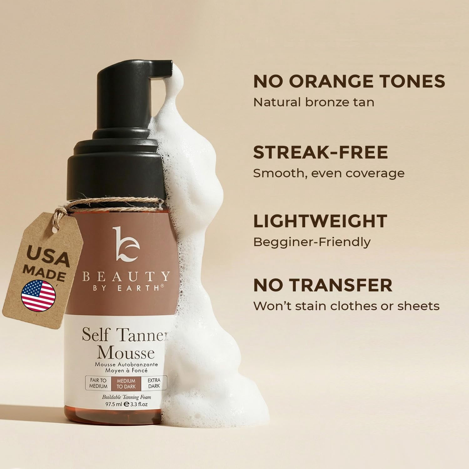 Beauty by Earth Self Tanner Mousse - USA Made with Natural and Organic Ingredients (3.3 oz, Medium to Dark)