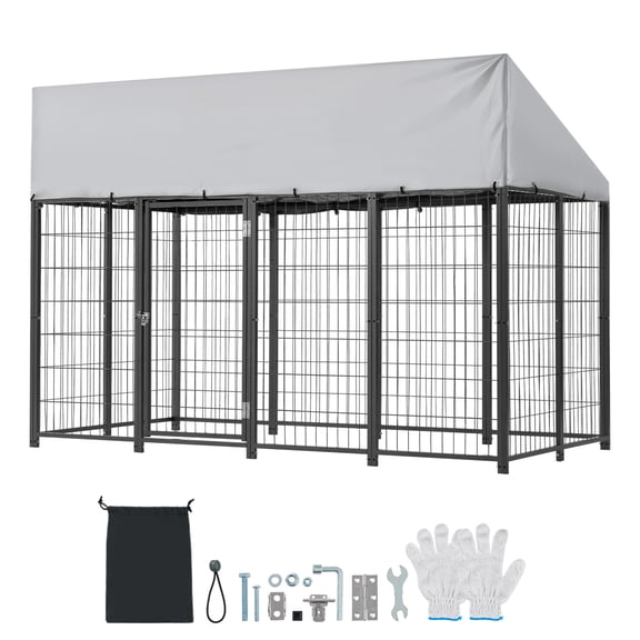 KFFKFF Outdoor Dog Kennel, 7.87 x 3.94 x 5.4 ft Spacious Pet Enclosure with Secure Lock, Weather-Resistant Roof Cover, Durable Metal Cage for Large Dogs