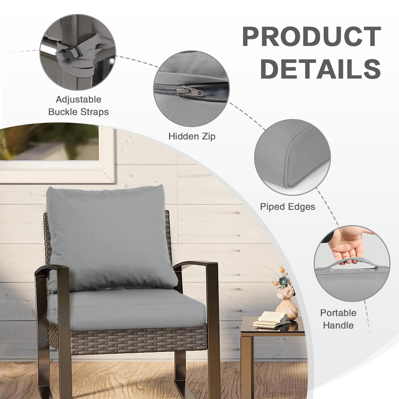 Aoodor Outdoor Chair Cushions Set, 23"x26", Water Resistant Outdoor Deep Seat Cushions with Handle & Adjustable Straps, Gray