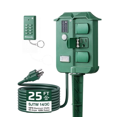 DEWENWILS Outdoor Power Stake Timer Waterproof, 25FT Extension Cord, 6 Grounded Outlets, 100FT Wireless Remote Control, Photocell Dusk to Dawn Timer for Christmas Lights, Outdoor Decoration