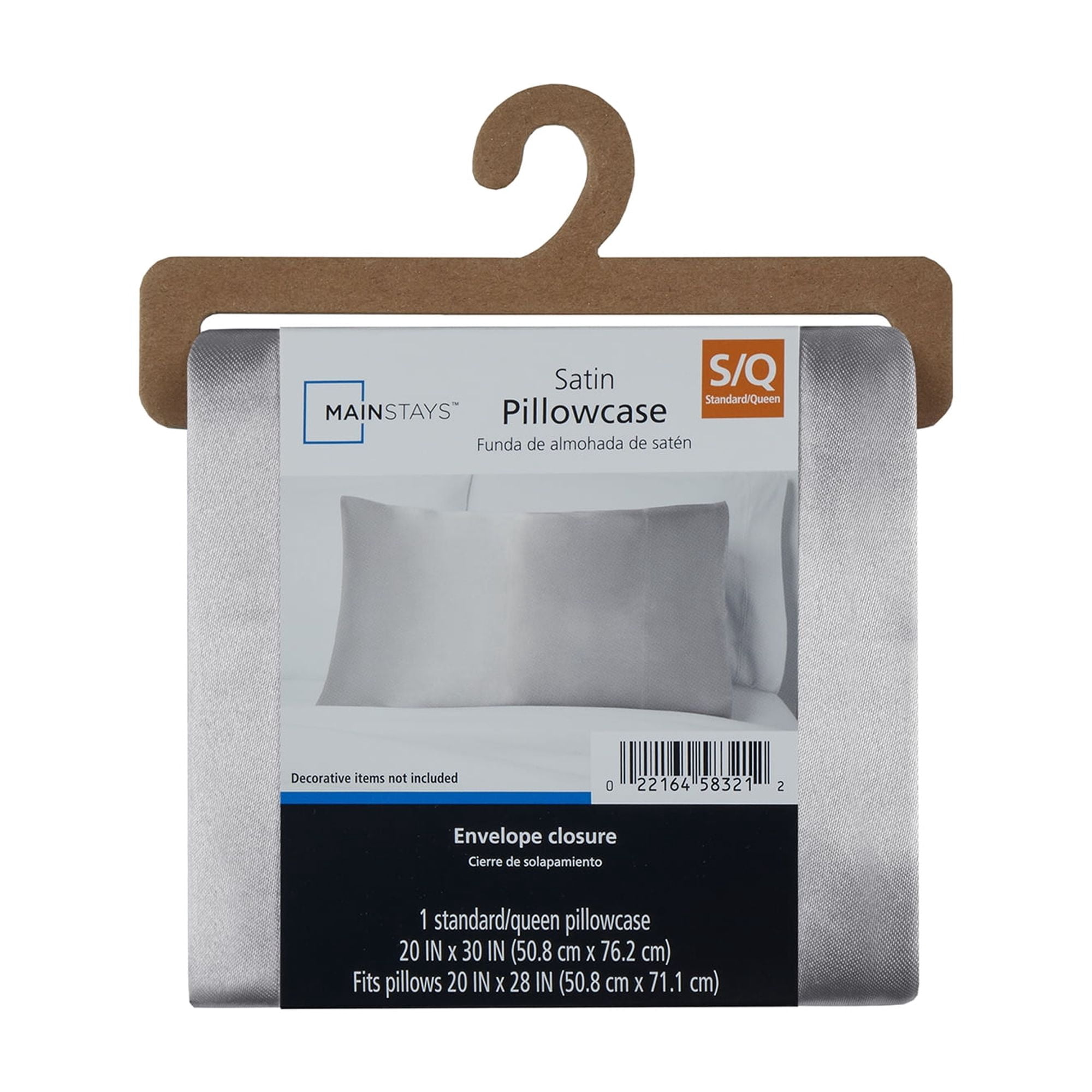 Mainstays Satin Pillowcase – Standard – Silver Grey – Frizz Control & Cooling Comfort – 1 Pack