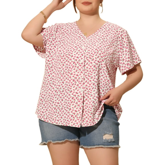 Agnes Orinda Women's Plus Size Blouses Floral Button Down Shirts V Neck Tops Ruffle Sleeve Casual Top 1X Pink