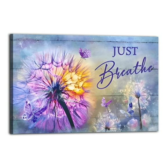 Colorful Beautiful Dandelion Purple Butterfly Just Breathe Landscape Canvas Poster Wrapped Wooden Frame Wall Decor,,Canvas Wall Art for Living Room,Bedroom,Office,Ready to Hang