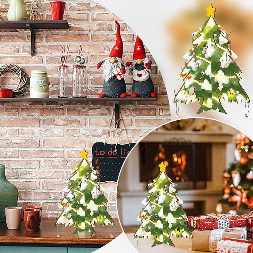 3D DIY Wooden Christmas Tree Ornaments Craft Kit 6 Sets Unfinished Christmas Tree Wood Slices Pendants Set with Bell Charms 3m Green Nylon