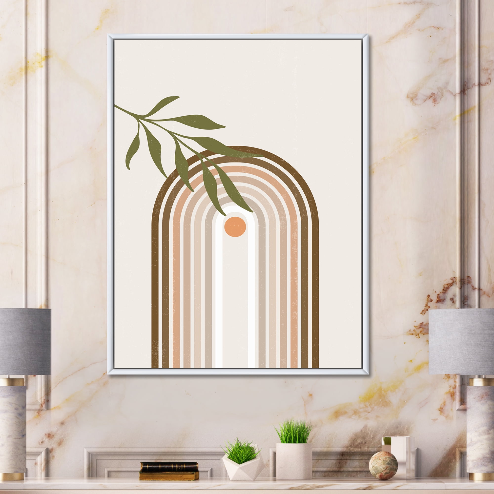 Designart 'Abstract Moon and Sun With Green Leaf I' Modern Framed Canvas Wall Art Print