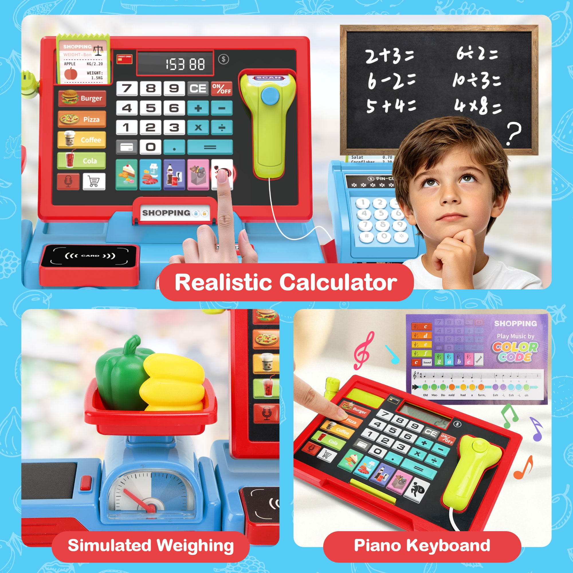 Cash Register Toy for Kids, Pretend Learning Play Set with Sound Music /Scanner /Microphone /Credit Card /Play Money