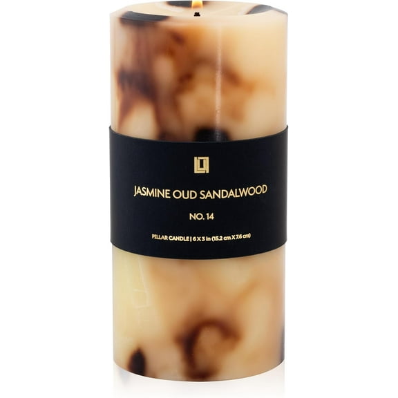 Lulu Candles - Jasmine, Oud & Sandalwood (3x6 Pillar Candle) - Highly Scented Premium Candles in Gifable Box for Home and Office - 100% Cotton Wick - Slow Burning & Long Lasting
