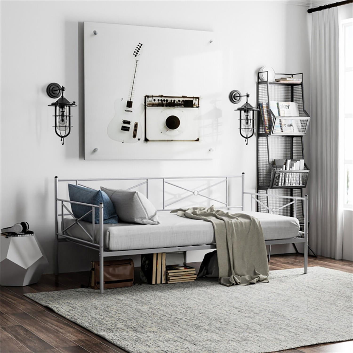 Demi Bonn Metal Daybed Twin Bed Frame Stable Steel Slats Sofa Bed, Modern Bed Frame for Teens, Silver