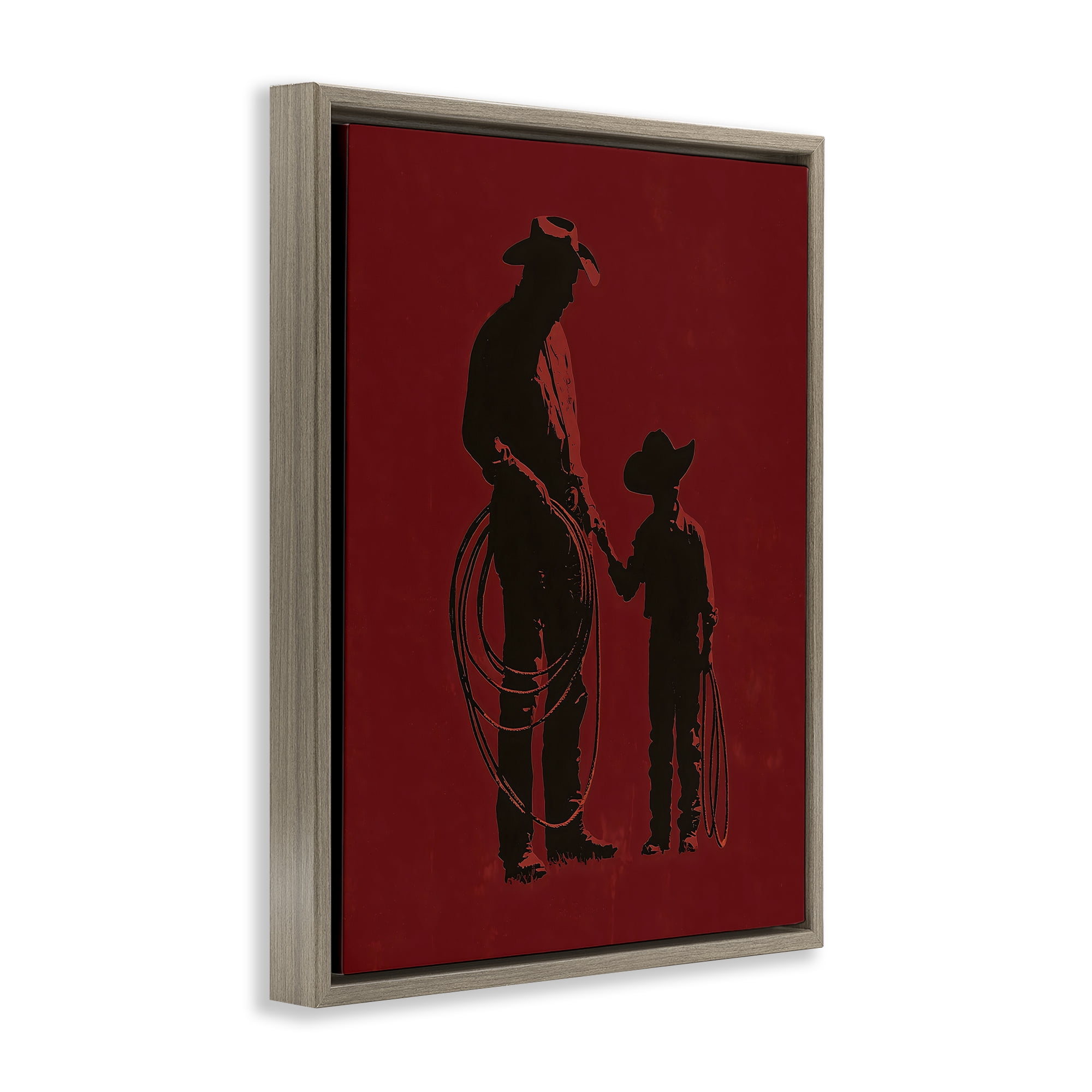 Burgundy Cowboy Father & Son Brown Framed Floater Canvas Wall Art, design by Arlington Prints