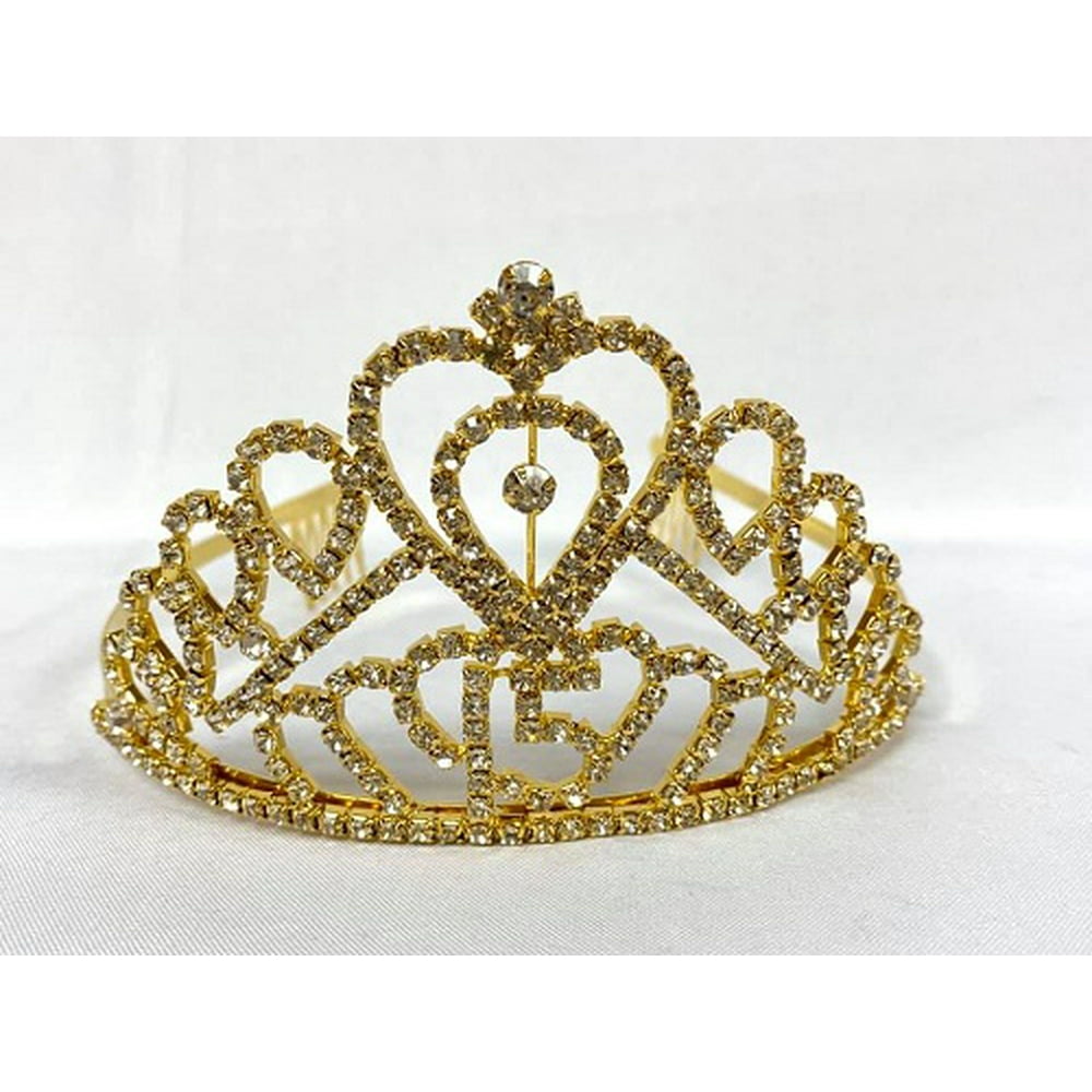 Gold Rhinestone Mis Quince Anos15 Quinceanera Heat Shape Tiara Princess