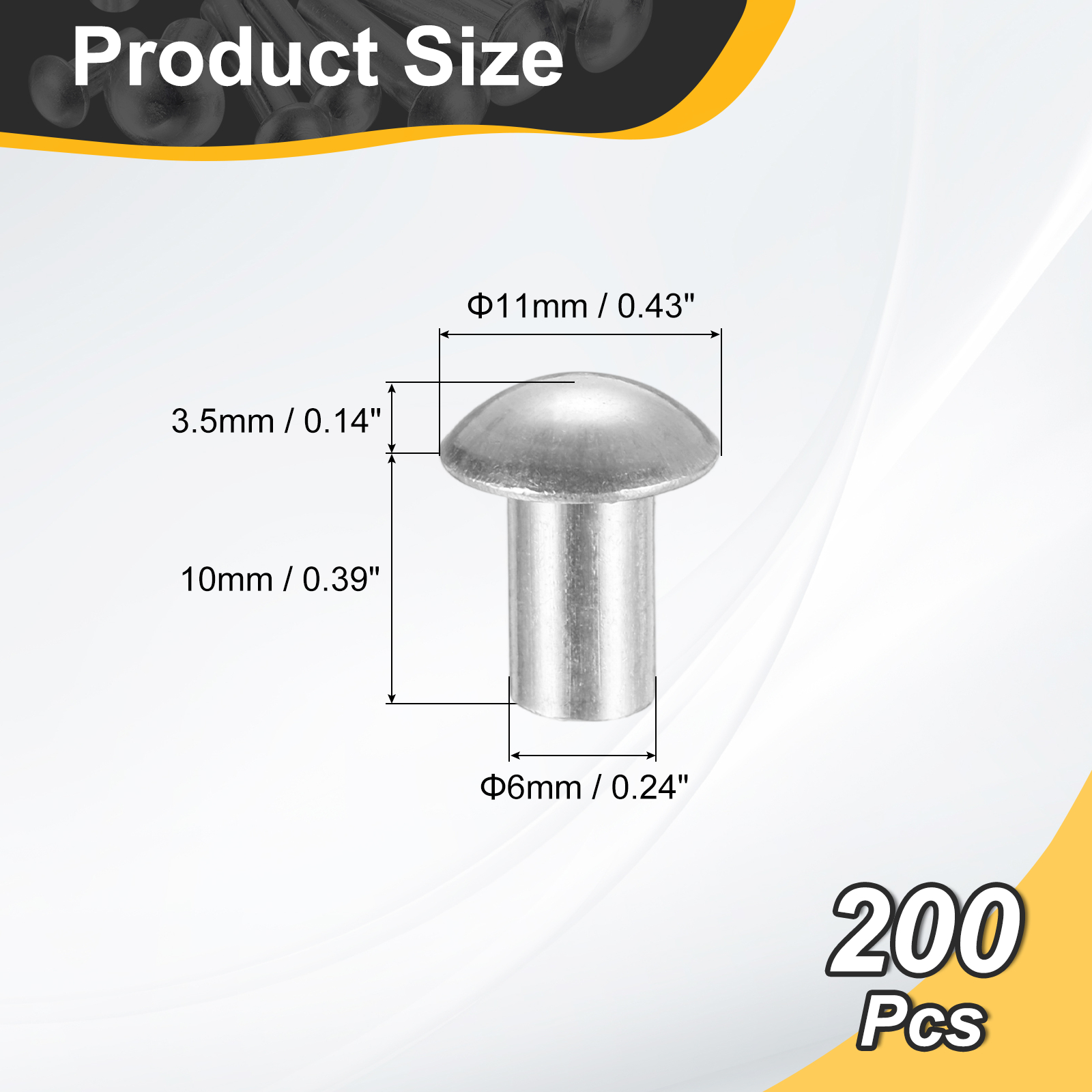 200Pack Brazier Head Rivets, M6 x 10mm Aluminum Solid Rivets, Silver Tone