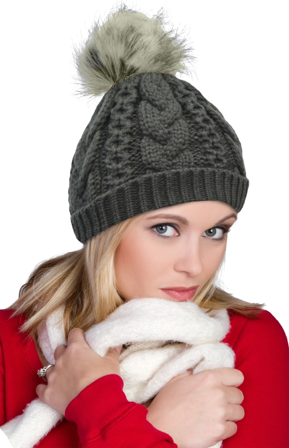 Terra Faux Fur Pom Pom Beanie Hat Thick Slouchy Cable Knit Soft