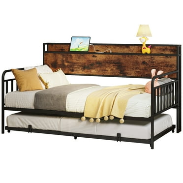 LIKIMIO Daybed with Trundle, Twin Day Bed Frame with Storage Headboard and Charging Station, Sturdy Metal Sofa Bed Frame for Living Room/Bedroom/Guest Room
