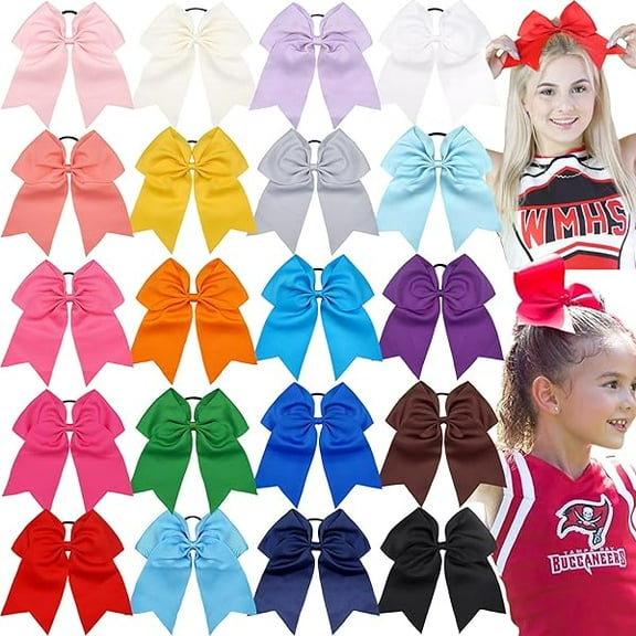 ZC 20Pcs 8" Large Cheer Bows for Girls Ponytail Holder Grosgrain Ribbon Cheerleading Bows Elastic Hair Tie Bands for Baby Girls School College Teens Senior Cheerleader