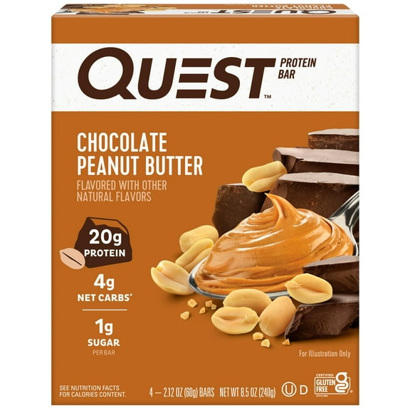 Quest Protein Bar, Chocolate Peanut Butter Flavor, High Protein, Gluten Free, 2.12oz, 4 Count