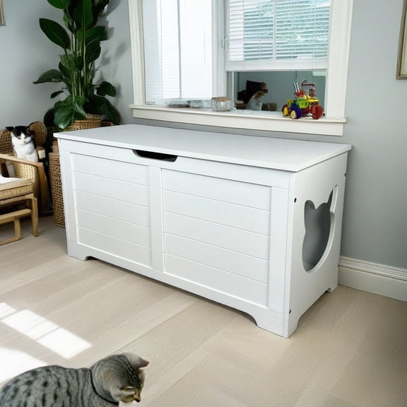 Pefilos 39" Large Hidden Cat Litter Box Furniture for Indoor Cats, Top Open Cat Washroom Enclosure Houses, White