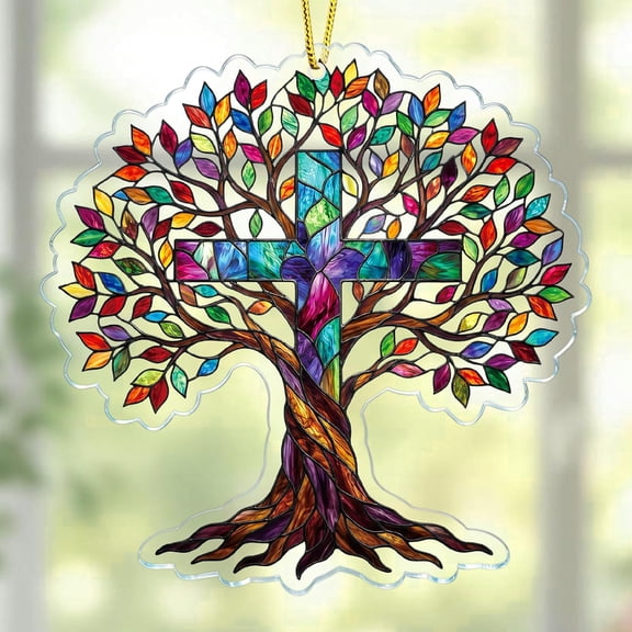 WaaHome Easter Tree of Life Decorations - Stained Glass Tree of Life Cross Ornament Suncatcher for Home Window Decor, Christian Gifts for Women Men Kids, Catholic Gifts, Easter Basket Stuffers