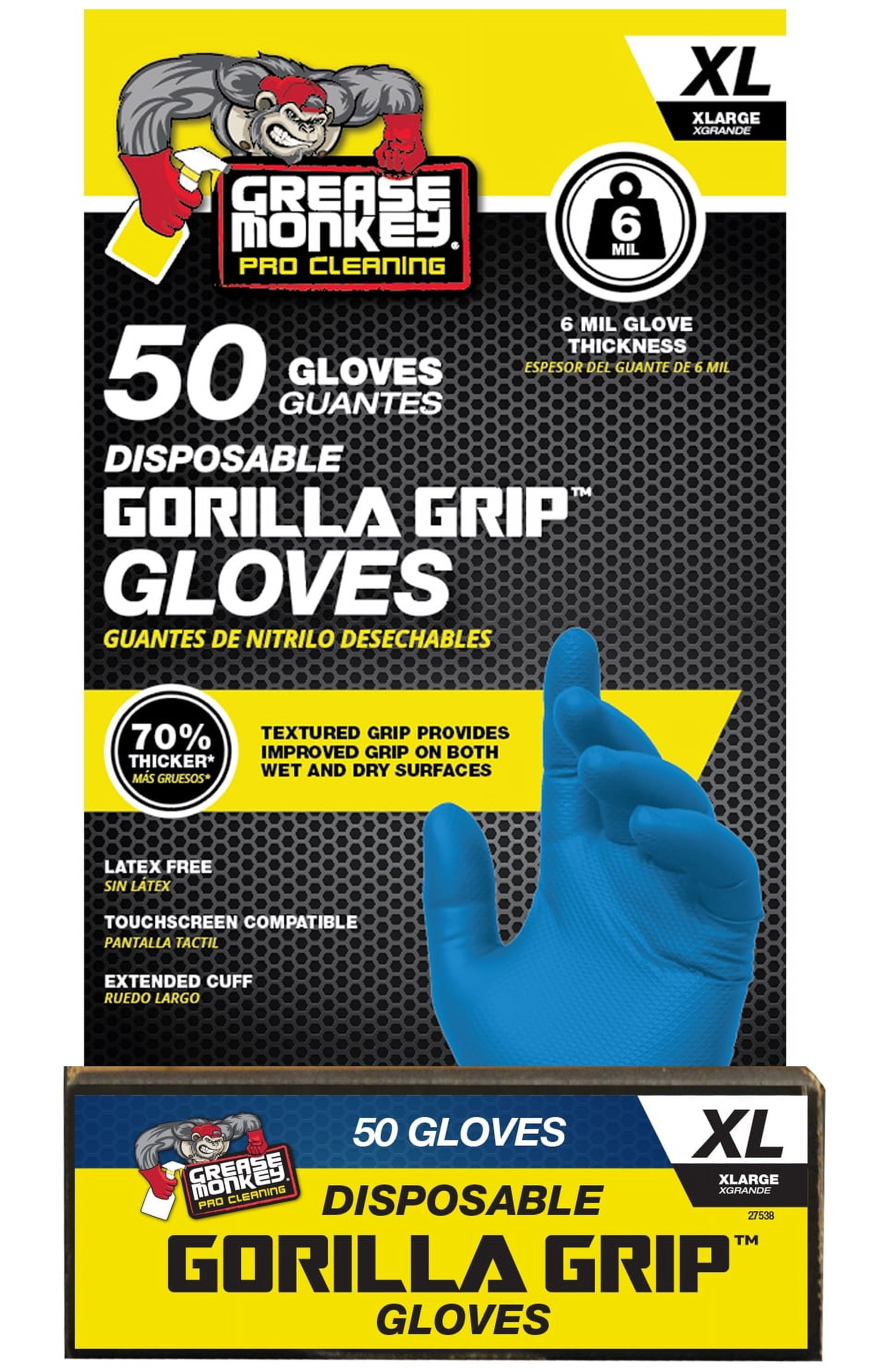 (3 pack) Grease Monkey Pro Cleaning, Disposable Nitrile Gloves, Blue, 50 Count, Traction Grip, Male X-Large