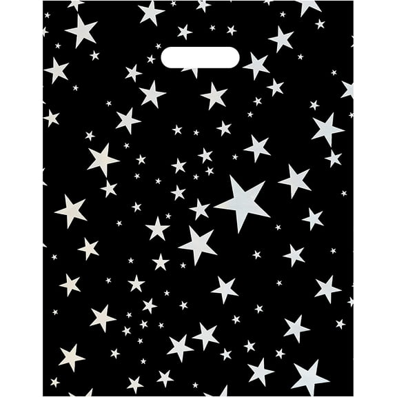 Infinite Pack Large 12"x15"(100pcs) Silver Stars Printed on Black Thank You Merchandise Bags, Die Cut Handles, Retail Shopping Bags for Boutique, Goodie Bags, Gift Bags Bulk, Favors,