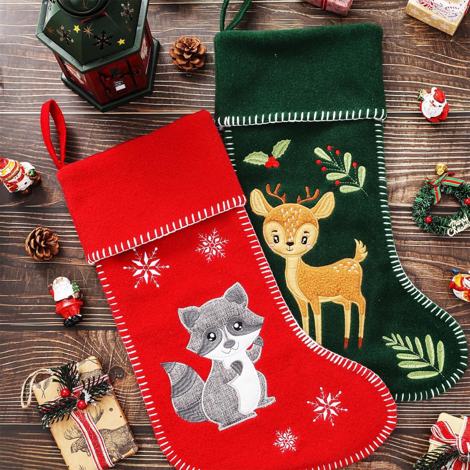 4pcs Woodland Animal Christmas Stockings, 18 Inches Woodland Animal Fox Hedgehog Elk Raccoon Christmas Stocking Felt Xmas Holiday Stocking for Fireplace Christmas Holiday Party Decor Gift