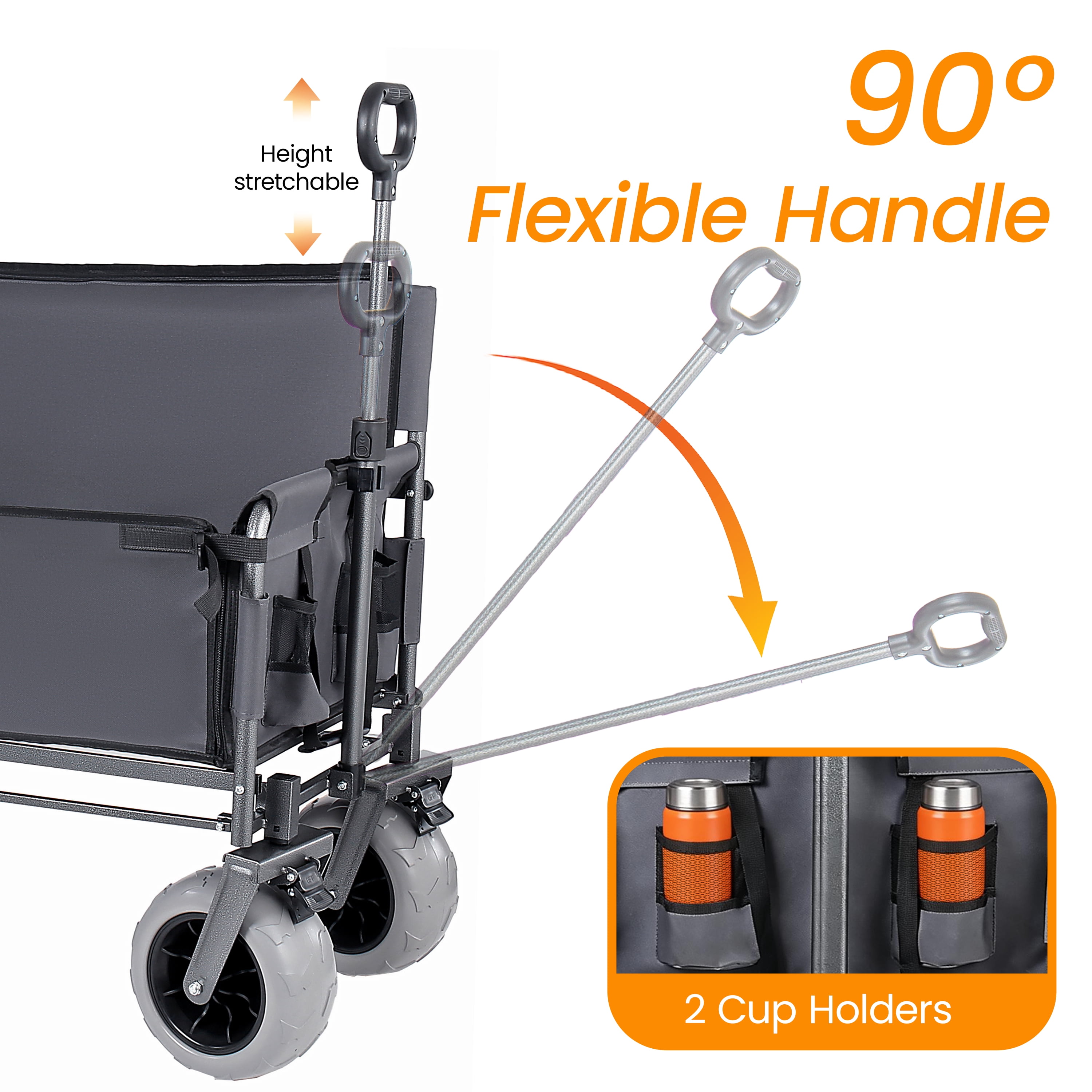 3-in-1 Collapsible Folding Wagon Cart Gray, Convertible Bench with Rear Folding Tabletop & Cup Holders, 180L Large Capacity, 360°Swivel All-Terrain Wheels for Camping, Beach, Garden, Fishing