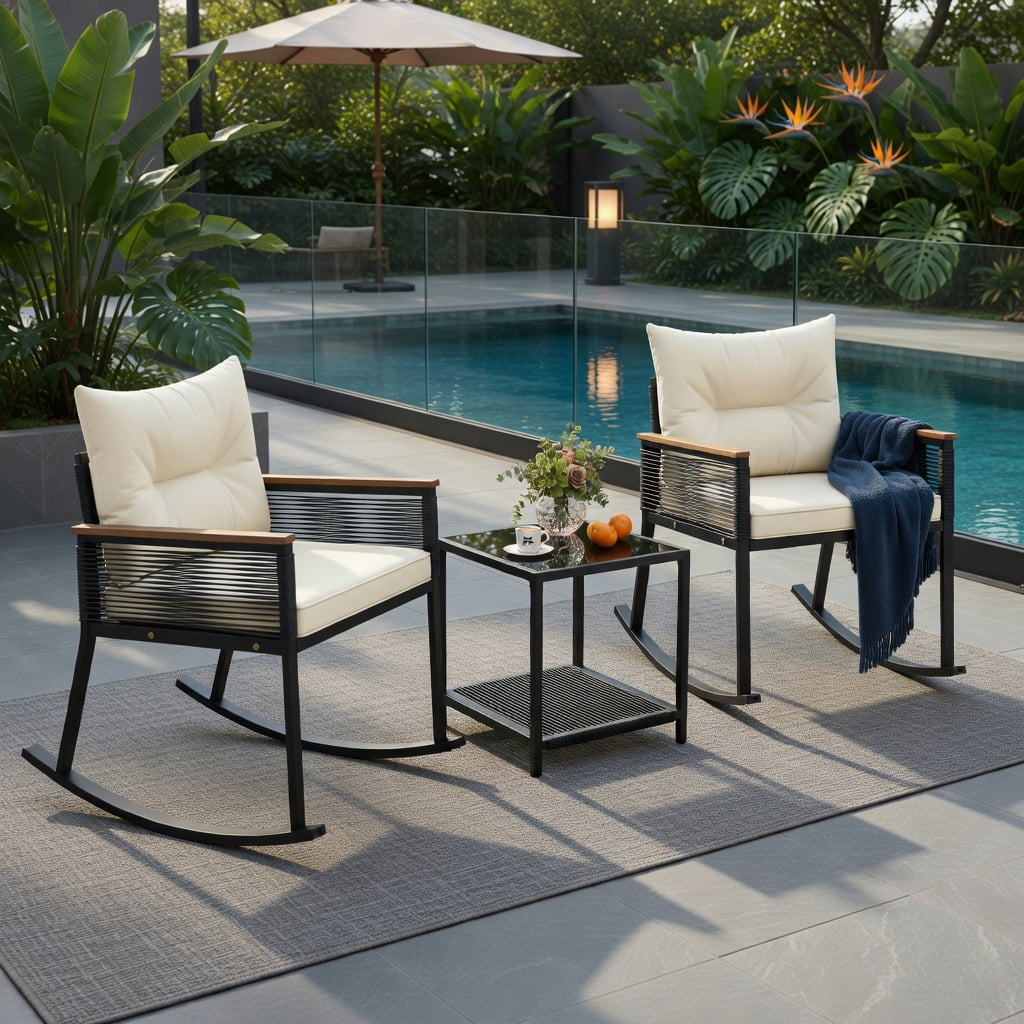 Hommoo 3-Piece PE Rattan Outdoor Rocking Bistro Set with Cushions, Tempered Glass 2-Tier Coffee Table & Acacia Wood Armrests for Patio, Porch, or Garden, Black