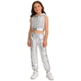 thumbnail image 4 of inlzdz Girls Hip-Hop Jazz Modern Dance Sets Sleeveless Sparkly Sequins Hooded Crop Top with Metallic Pants Silver 8, 4 of 7