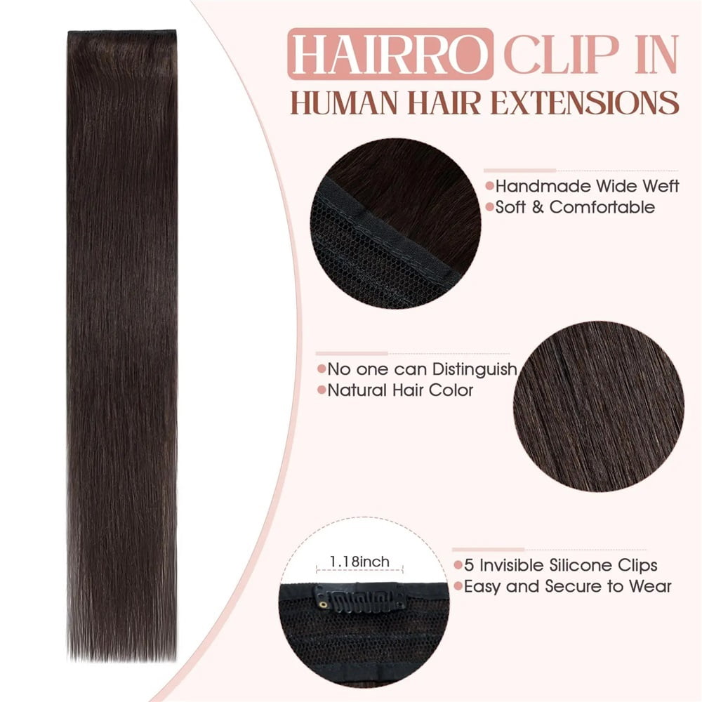 Dark Brown Clip in Extensions One-piece 5 Clips Straight Clip Human Hair Half Head Wide Standard 120g