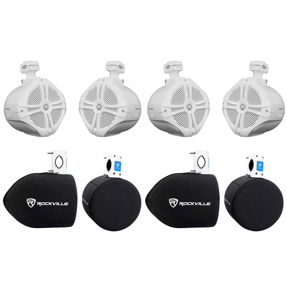 (4) Rockville RWB90W 8" White 500 Watt Marine Wakeboard Tower Speakers Covers