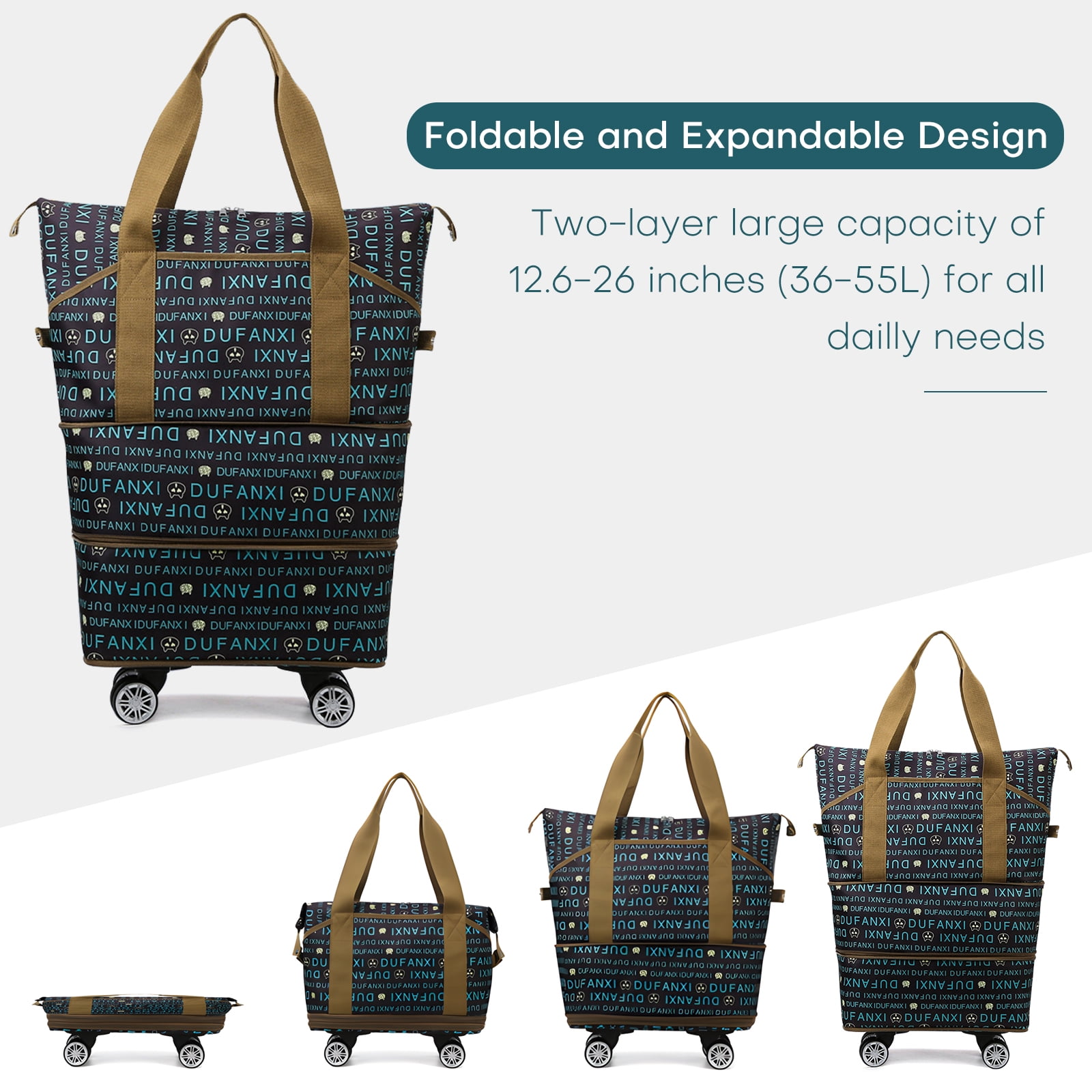 WOOW DEPOT Expandable Rolling Travel Bag, w/ 4 Detachable 360° Wheels & Trolley Sleeve, Foldable Luggage Bag Waterproof Carry On Overnight Tote Storage Duffle Bag for Gym House Moving Camping