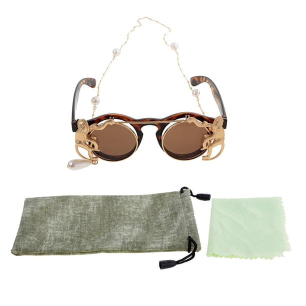 Flip Up Gafas Doble gafas monkey perla cadena de cable retro gafas de sol patrón de leopardo Patrón de leopardo Magideal Flip Up Gafas