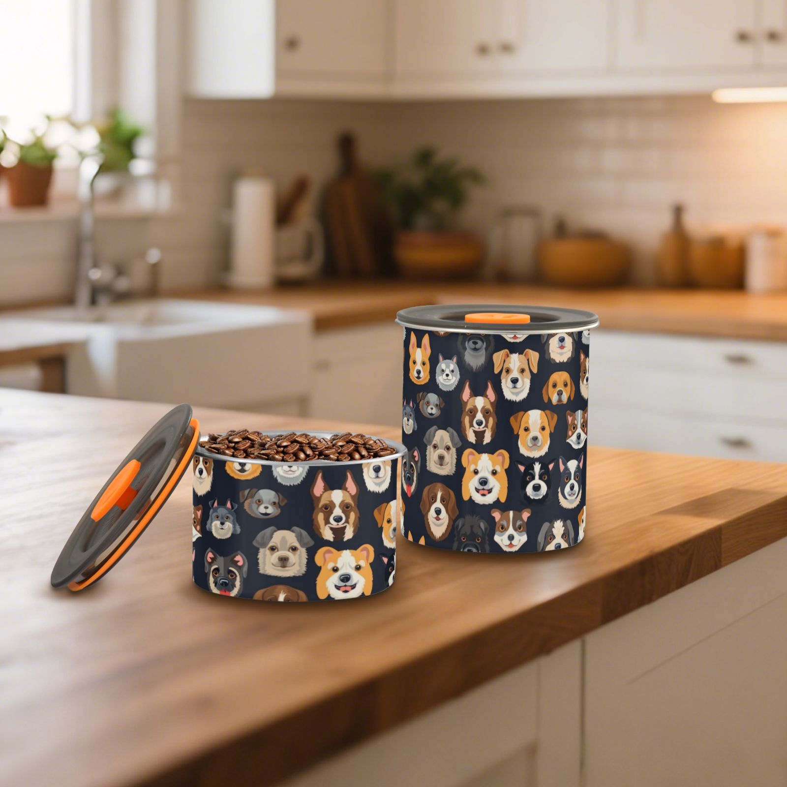 Doodle Dogs Print Puppy Airtight Coffee Bean Canister 30oz Food Storage Containers with Lids For Gournd, Tea, Sugar, Flour, Rice, Cereal, Candy Cookie Jar
