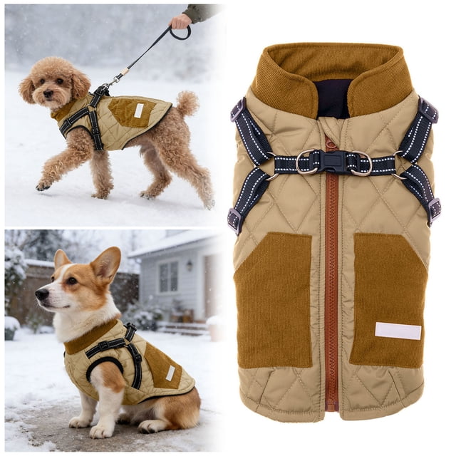 "Winter Vest With Harness Quilted Warm Jacket Adjustable Straps & Zipper Design Multiple Sizes For Small To Medium Dogs"