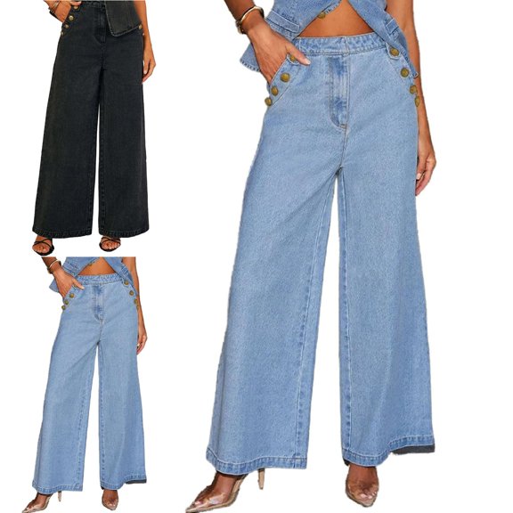 Zysthvn Womens Wide Leg Jeans Fall Denim Casual High Waist Women Pants Loose Fit Button Solid with Pockets Trousers