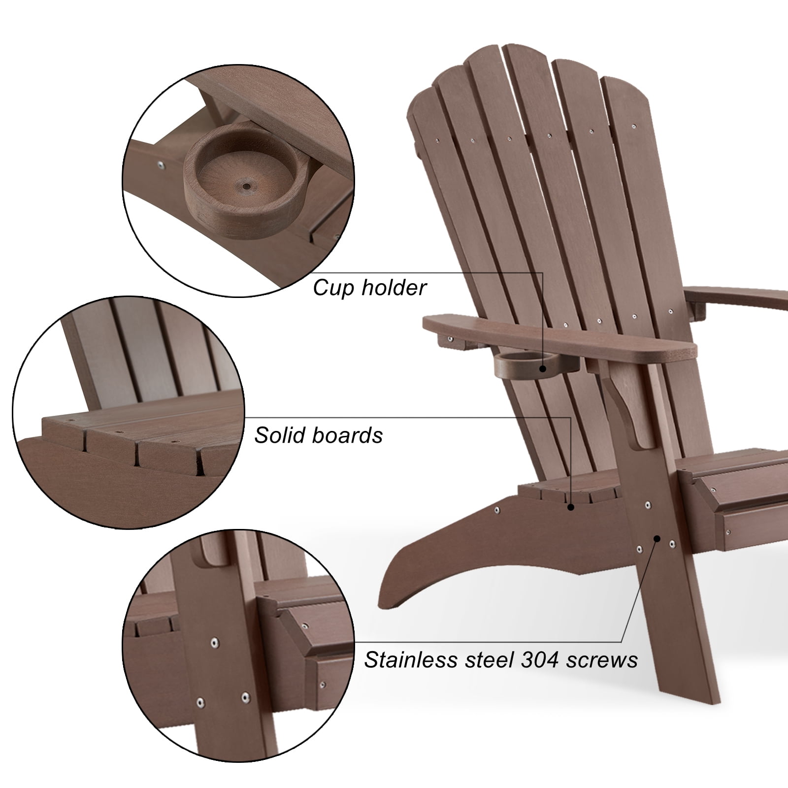 Adirondack Chair, Oversized Poly Lumber Fire Pit Chair with Cup Holder, 350Lbs Support Patio Chairs for Garden, Weather Resistant Outdoors Seating, Relaxing Gift for Father & Mother (Brown)